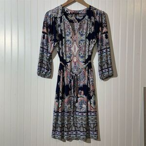 A.U.W Women’s Boho Paisley Peasant Dress 6 Navy Blue Pink‎ Flowy Midi Coastal